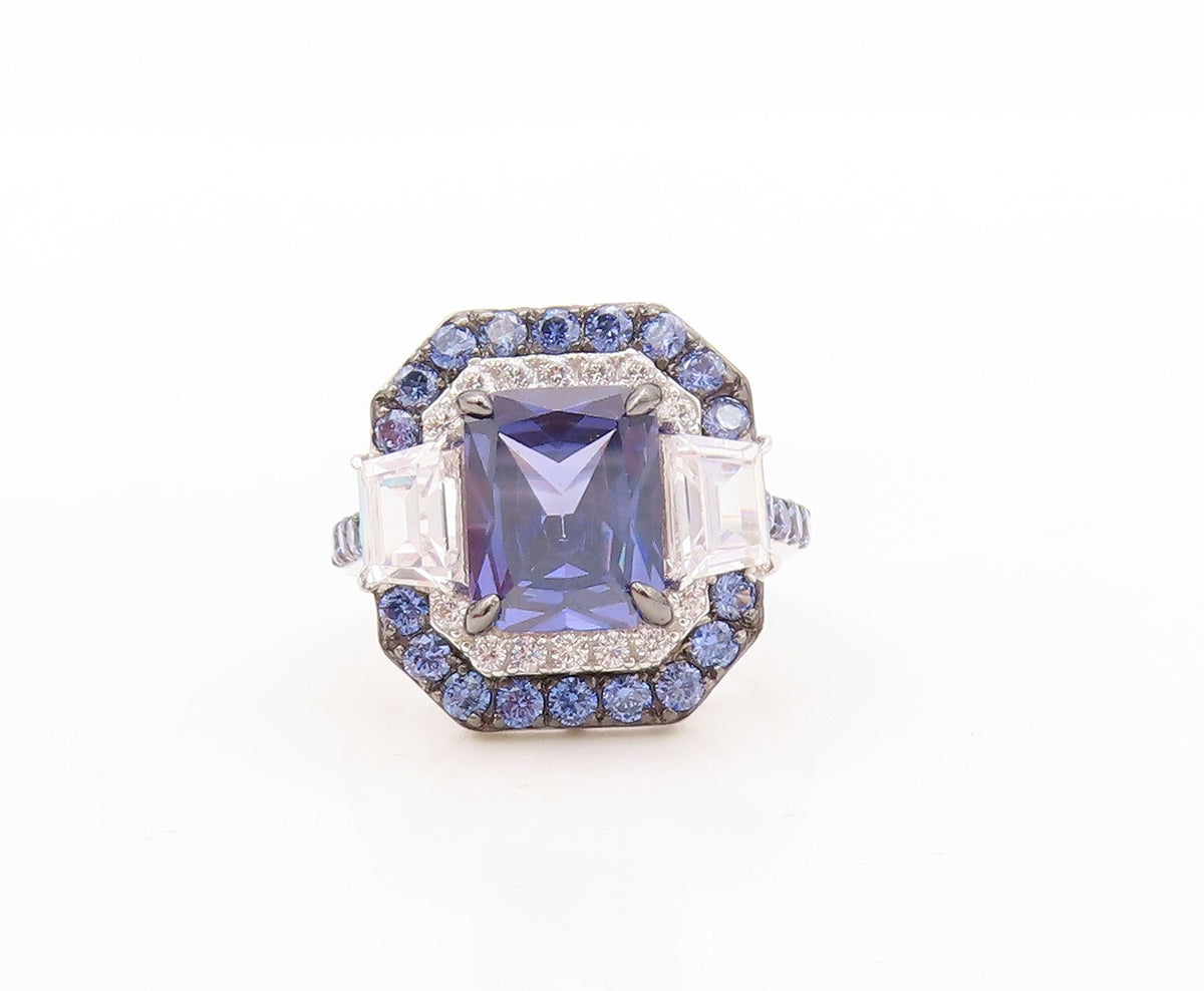 925 Sterling Silver Vintage Ring Designer Rectangle Sapphire & CZ  Sz 7  RG30893