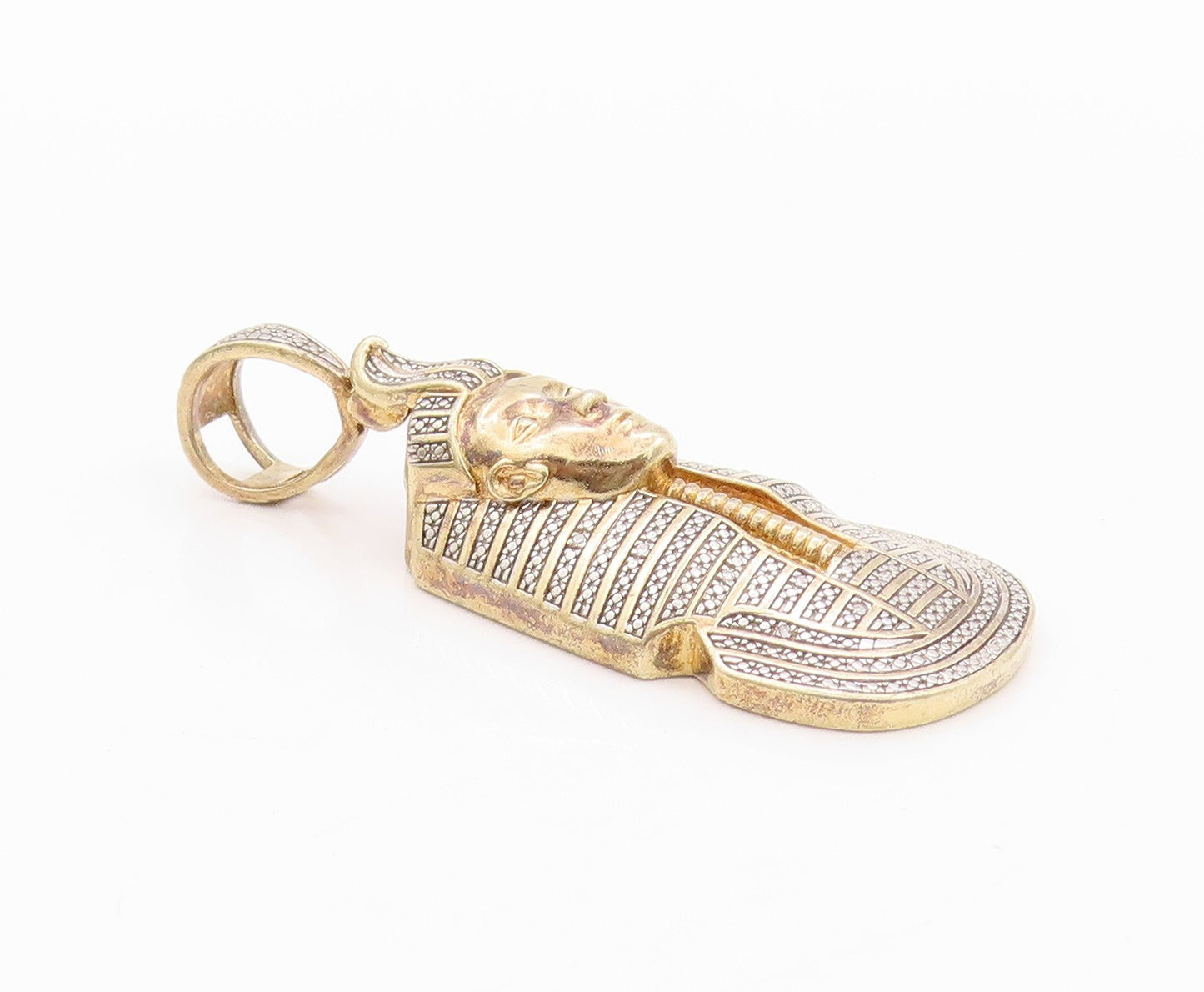 925 Sterling Silver Vintage Pendant Gold Plated CZ Egyptian King Pharaoh PT23985
