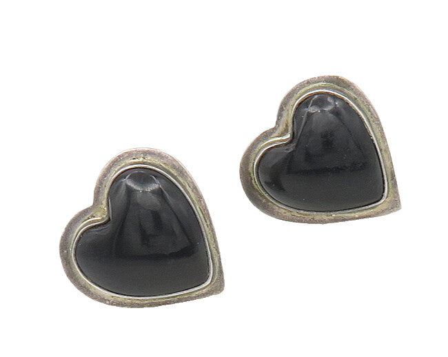 MEXICO 925 Silver  Vintage Black Onyx Love Heart Non Pierce Earrings  EG9066