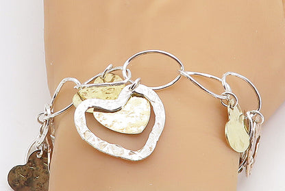 925 Sterling Silver  Vintage 2 Tone Heart Love Charmed Chain Bracelet  BT3066