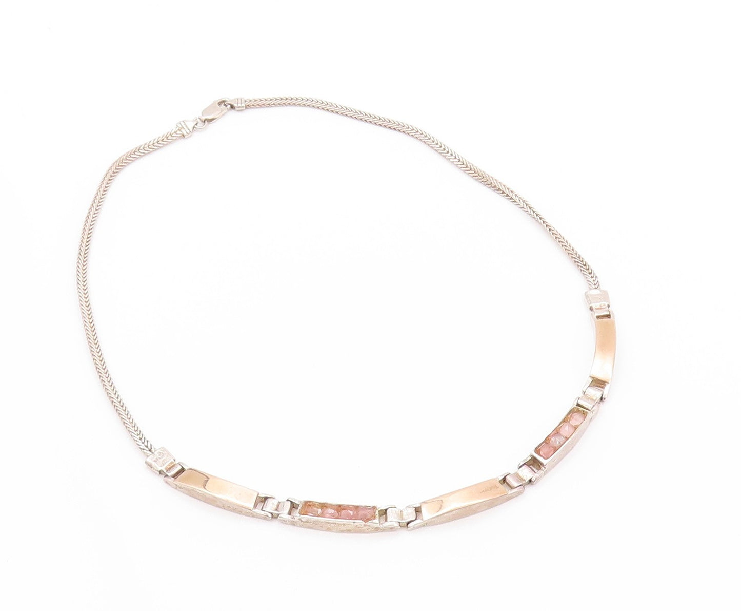 14k Gold 925 Sterling Silver Vintage Necklace Rectangular Pink Gemstone  NE4554