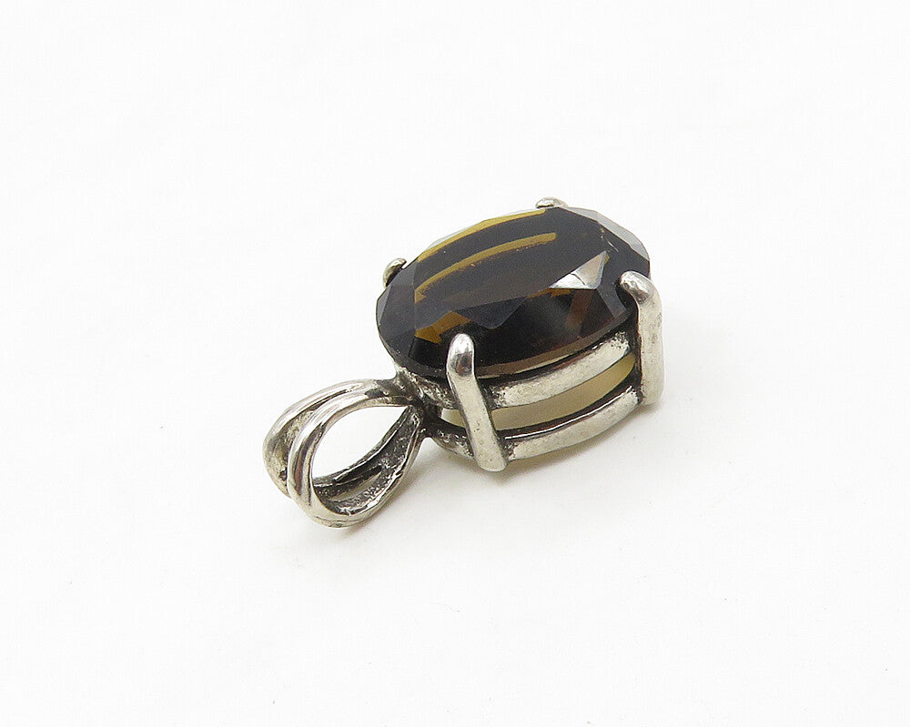 925 Sterling Silver  Vintage Prong Set Faceted Smoky Topaz Pendant  PT13993