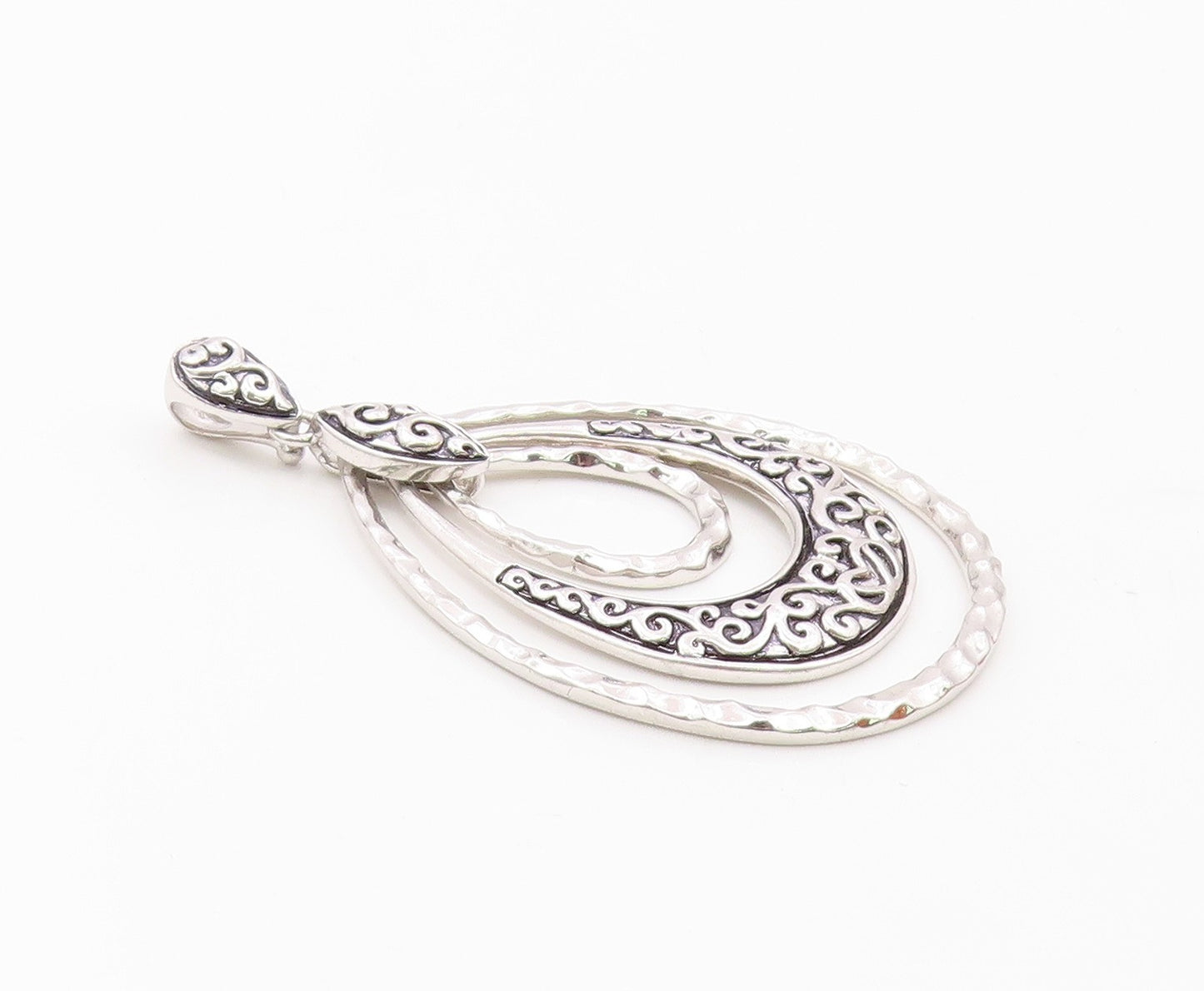 925 Sterling Silver  Shiny Graduated Tear Drop Hammered Swirl Pendant  PT13375