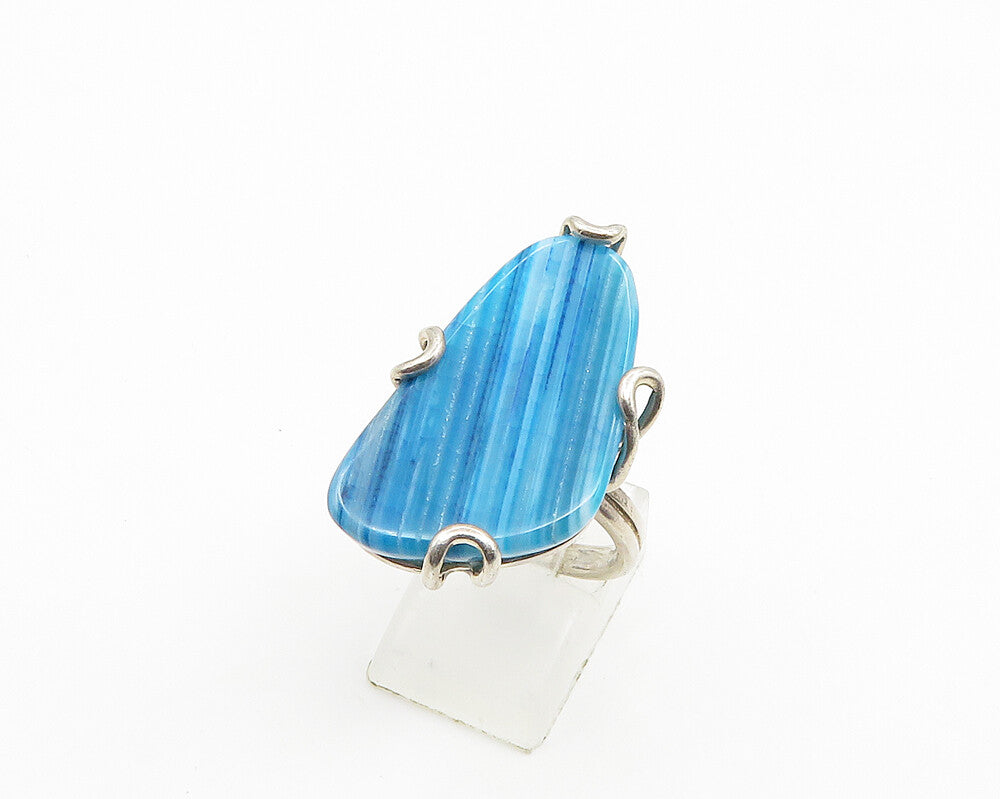 BARSE 925 Sterling Silver  Vintage Blue Agate Shiny Cocktail Ring Sz 7 RG19646