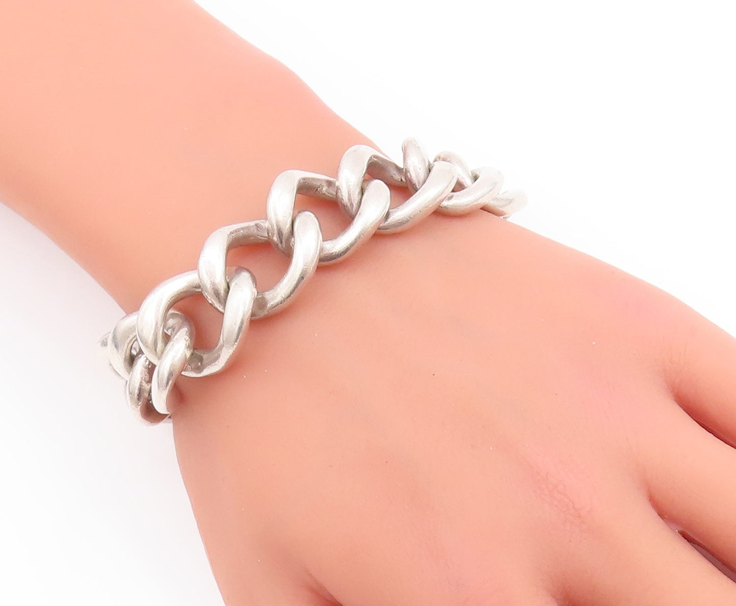 925 Sterling Silver Vintage Bracelet ZINA Heavy Large Curb Chain Carved  BT10477
