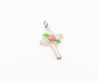 925 Sterling Silver  Vintage Rose Flower Religious Cross Pendant  PT19455
