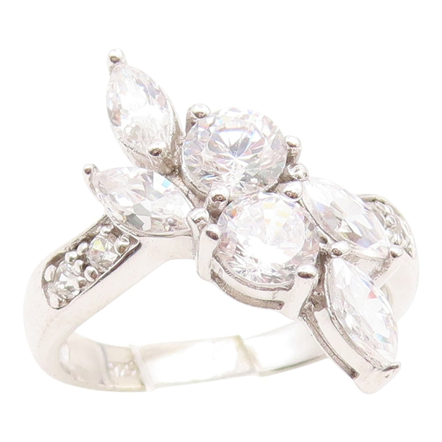 925 Sterling Silver Vintage Ring CZ Elegant Floral Statement Band Sz 7.5 RG35225