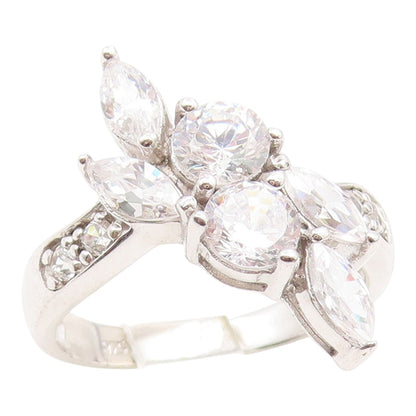 925 Sterling Silver Vintage Ring CZ Elegant Floral Statement Band Sz 7.5 RG35225