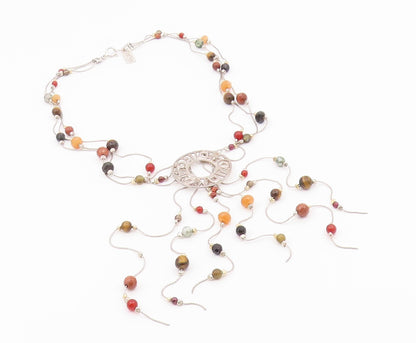 NETA 925 Sterling Silver Vintage Tiger's Eye & Multi Stone Chain Necklace NE3641