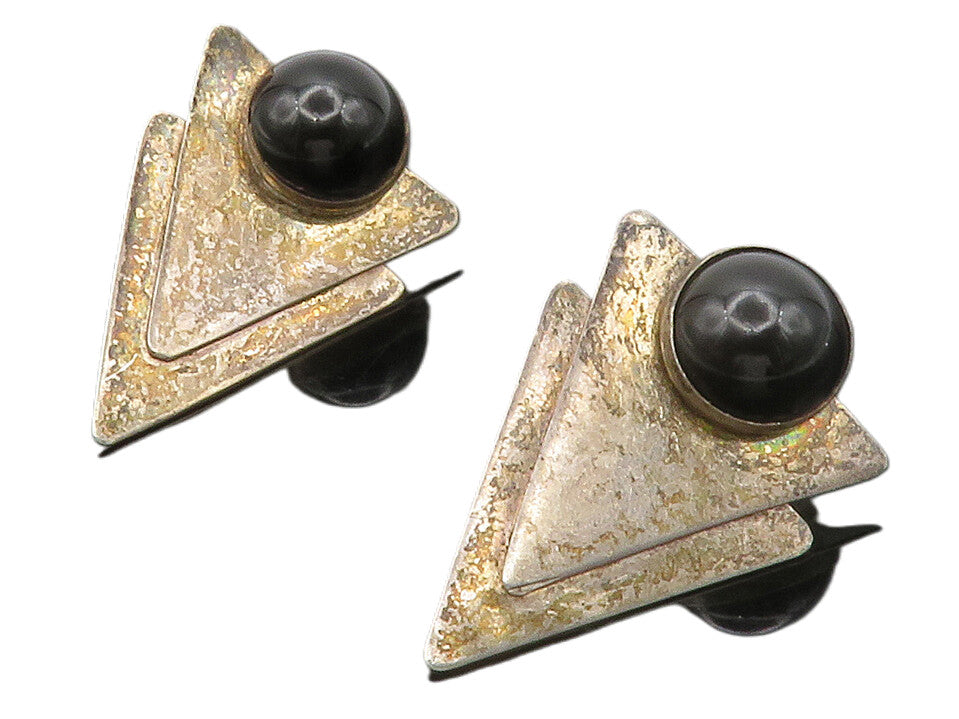 925 Sterling Silver  Vintage Cabochon Cut Black Onyx Drop Earrings  EG6639