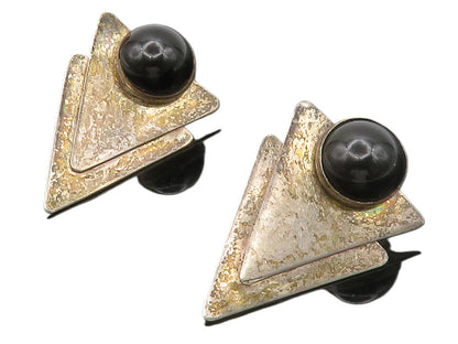 925 Sterling Silver  Vintage Cabochon Cut Black Onyx Drop Earrings  EG6639