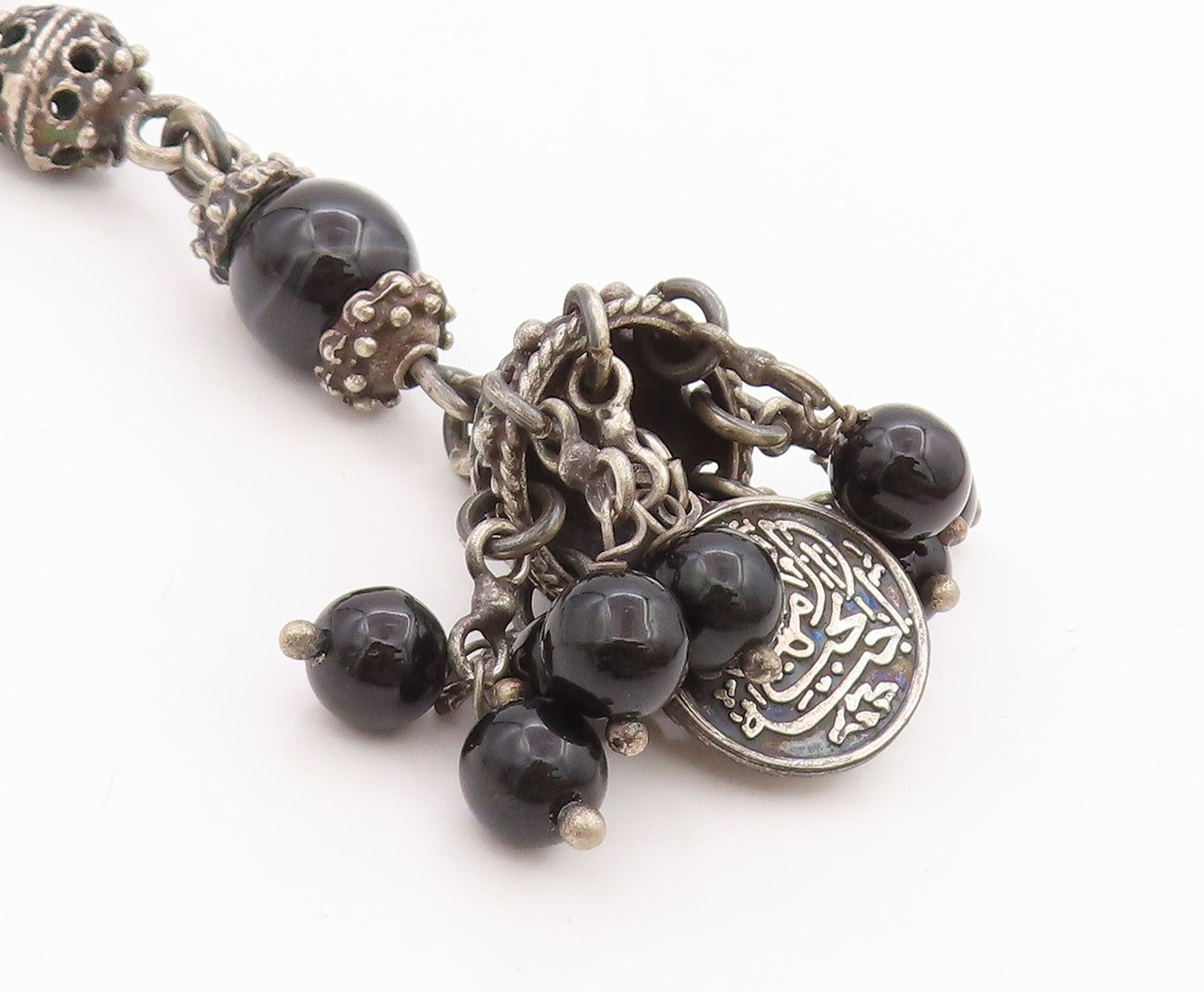 925 Sterling Silver Vintage Key Chain Ethnic Bohemian Black Beaded Design TR3975