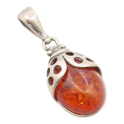 925 Sterling Silver Vintage Pendant Cabochon Honey Amber Ladybird Charm  PT26254