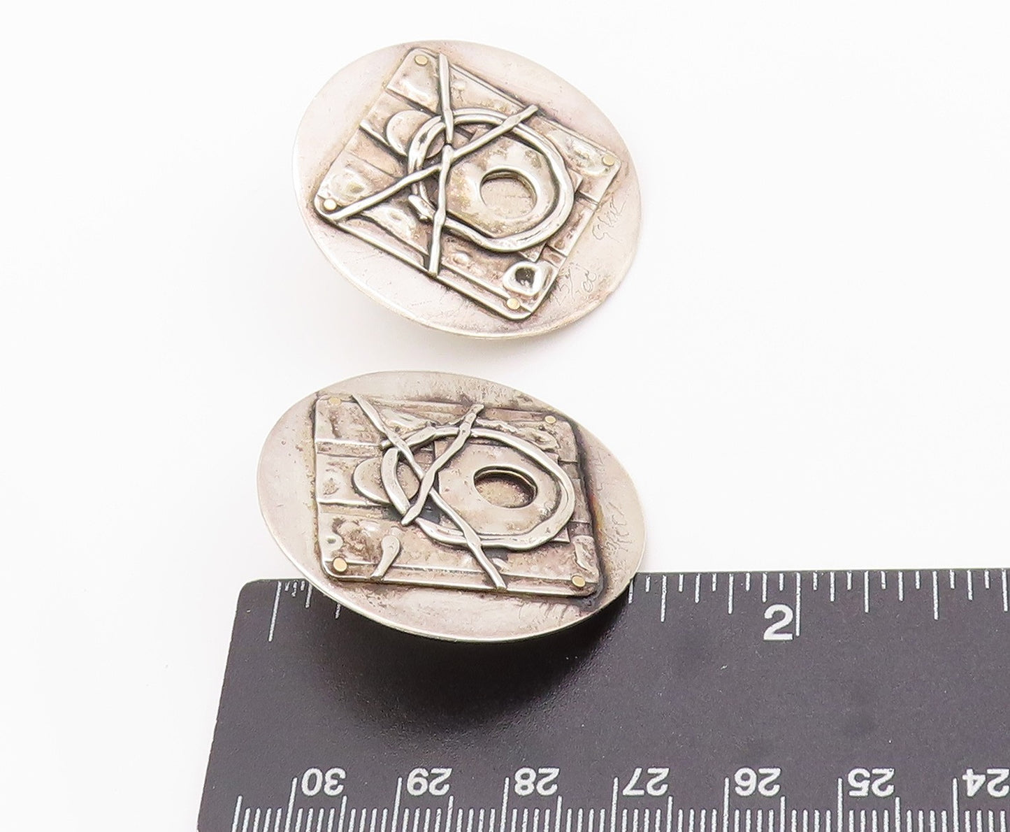 925 Sterling Silver Vintage Earrings Designer Brutalist Carved  EG13509