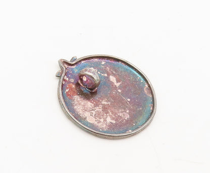 925 Sterling Silver  Vintage Enamel Painted Plant Round Pendant  PT22391