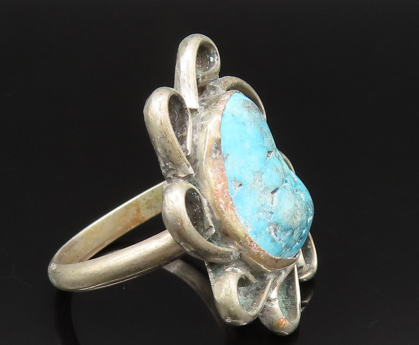 925 Silver Vintage Turquoise Spiral Flower Ring Sz 11 RG25430