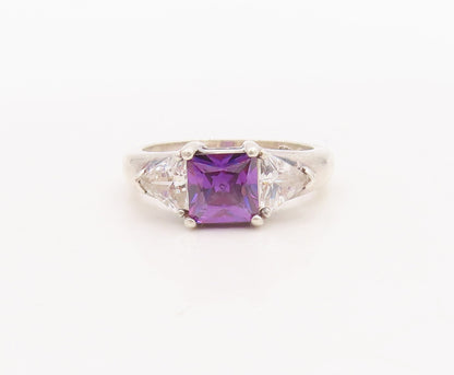 925 Sterling Silver Vintage Ring Square Cut Amethyst Triangle CZ  Sz 6  RG28764