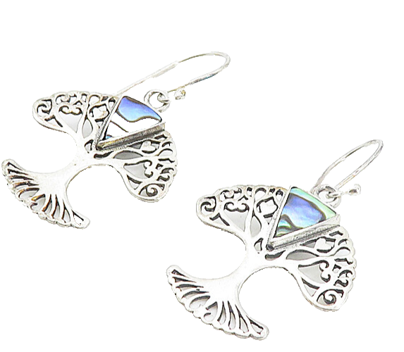 925 Sterling Silver  Inlaid Abalone Shell Tree Of Life Dangle Earrings  EG3499