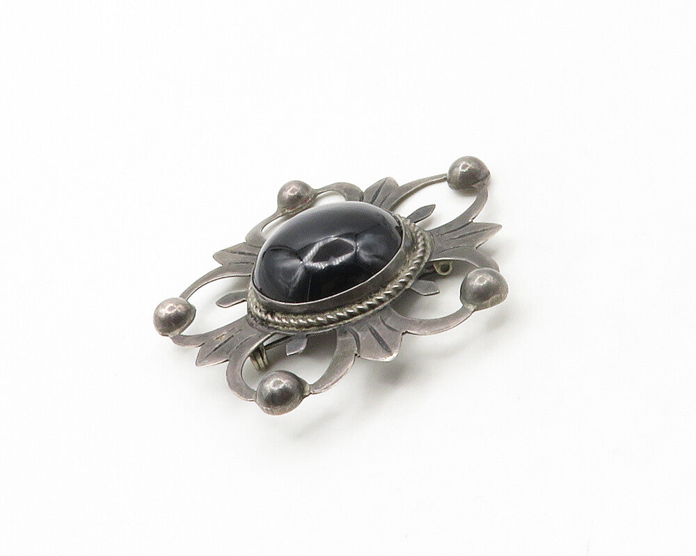 MEXICO 925 Silver  Vintage Antique Black Onyx Flower Motif Brooch Pin  BP6663
