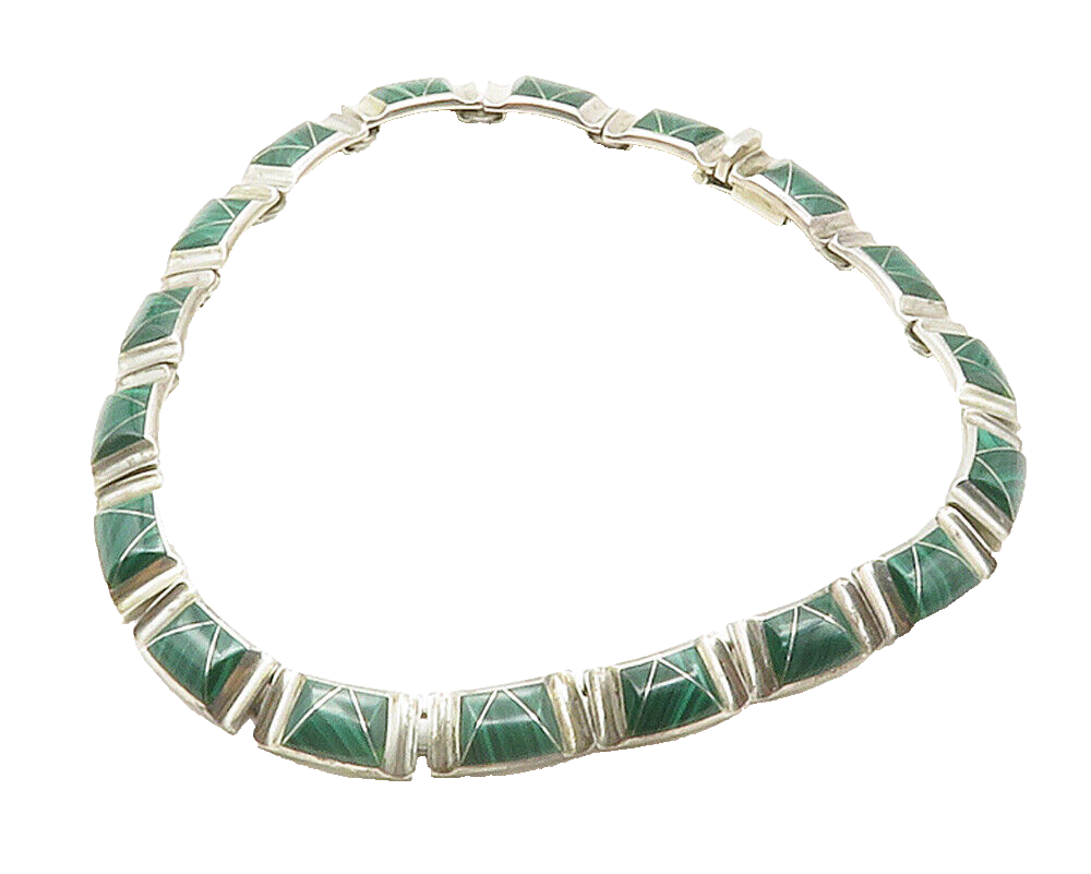 MEXICO 925 Sterling Silver  Vintage Malachite Heavy Chain Necklace  NE2134