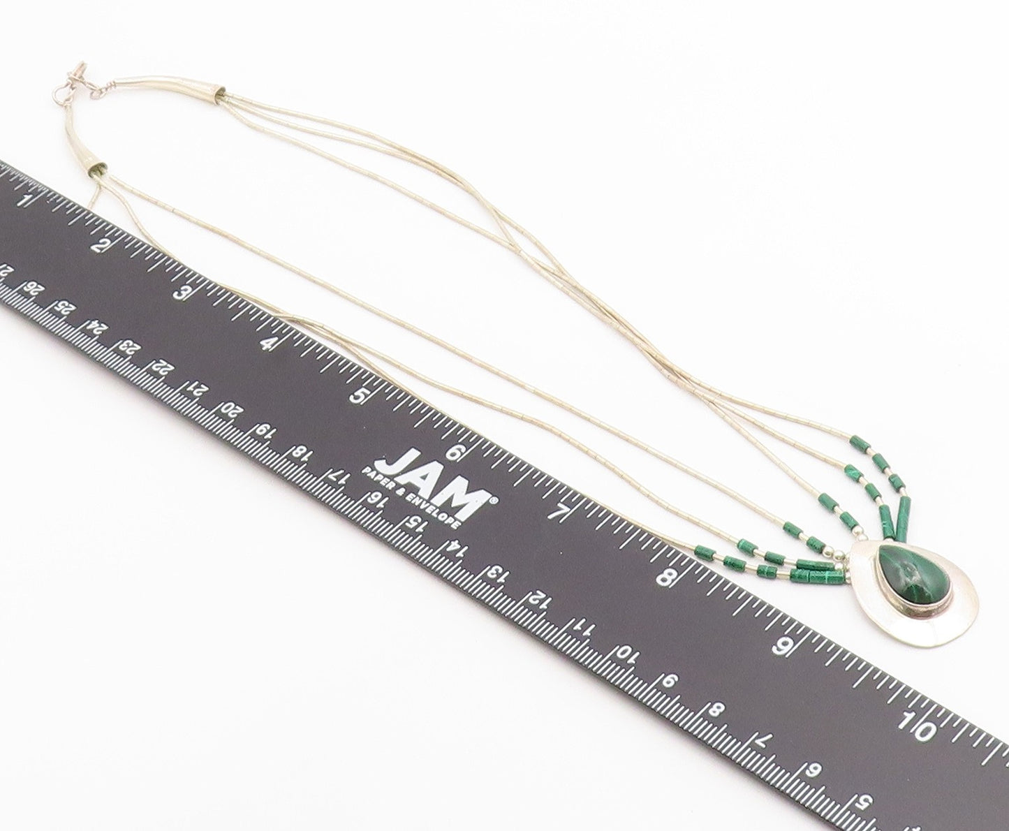 925 Sterling Silver Vintage Necklace NAVAJO ZUNI Malachite Teardrop Chain NE4904