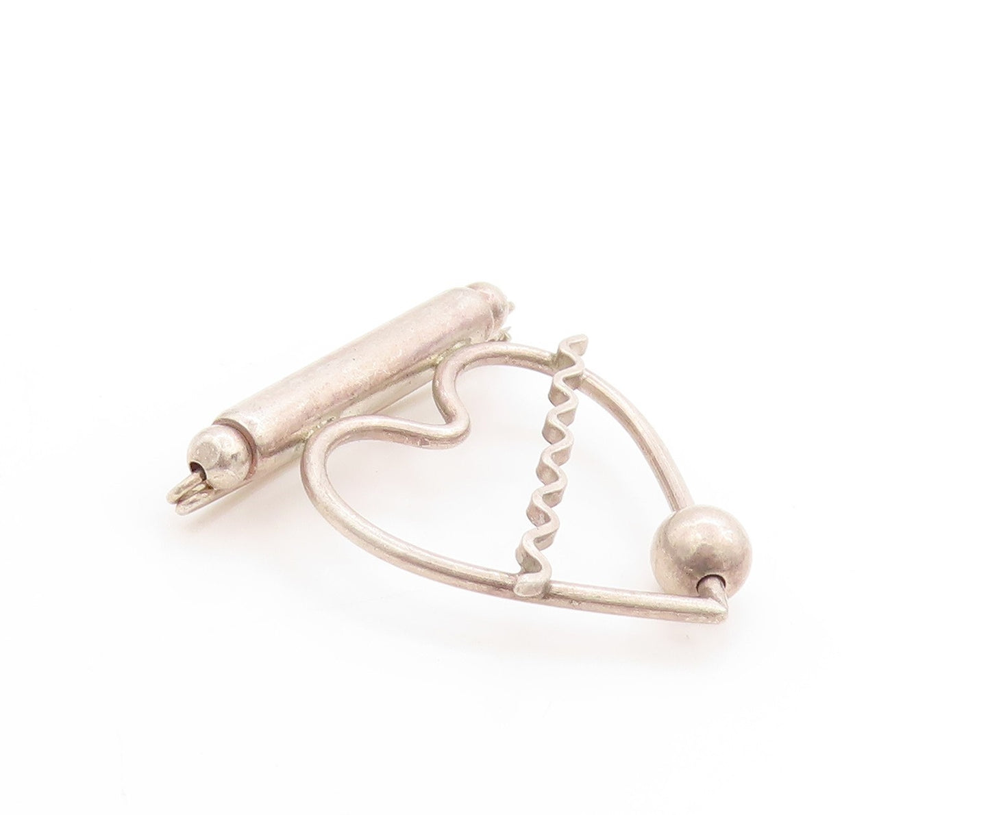 925 Sterling Silver Vintage Brooch Love Heart With Wavy Divider & Ball  BP11933