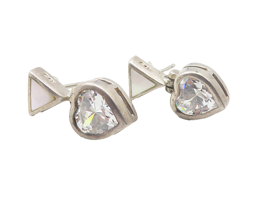 925 Sterling Silver  Vintage Cubic Zirconia Love Heart Drop Earrings  EG6158