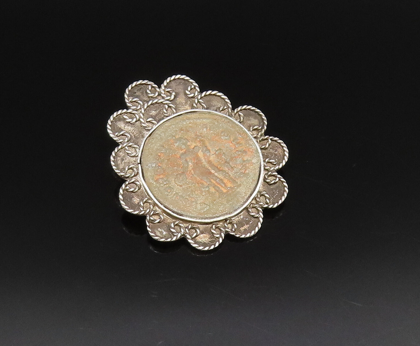 RANA 925 Silver  Vintage Pretzel Twist Edge Carved Center Brooch Pin  BP9862