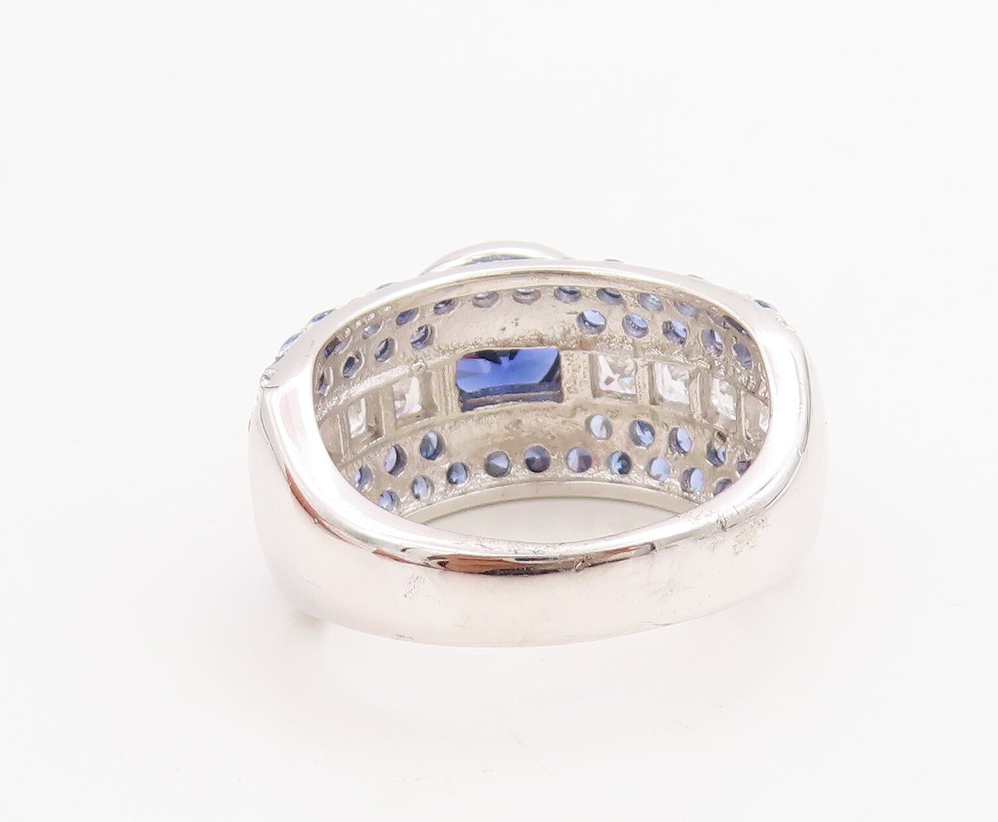 925 Sterling Silver Vintage Ring Designer Sapphire & CZ Inlay  Sz 8.5  RG30973