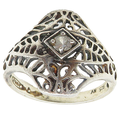 925 Sterling Silver  Vintage Topaz Cutout Design Band Ring Sz 7  RG19018