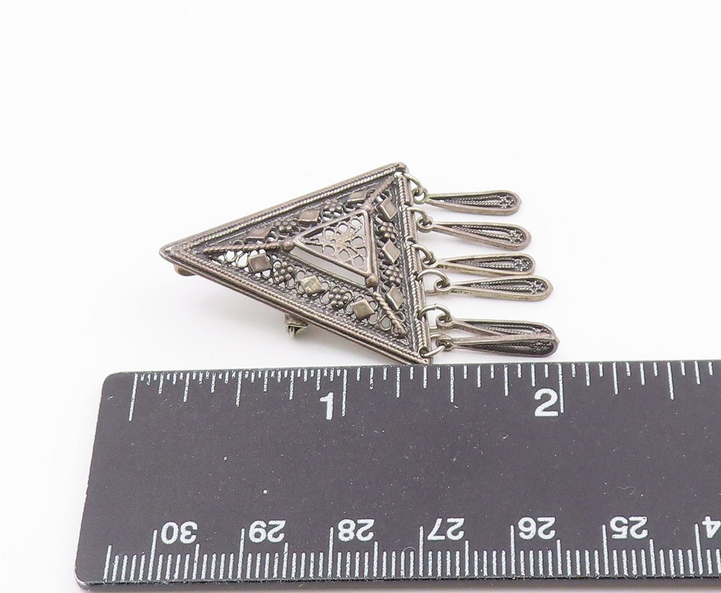 925 Sterling Silver  Vintage Oxidized Floral Detail Dangling Brooch Pin BP4245