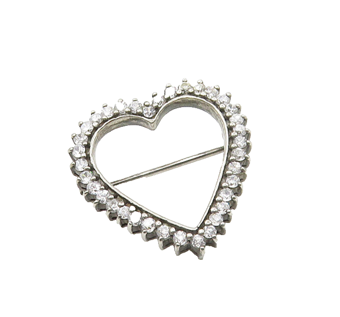 925 Sterling Silver Vintage Cubic Zirconia Open Love Heart Brooch Pin BP6856