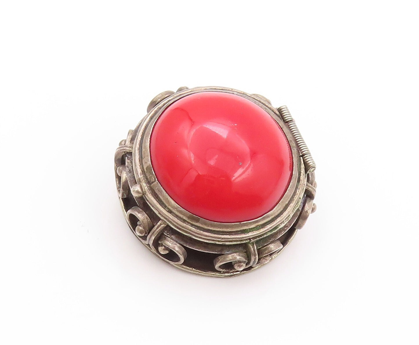 925 Sterling Silver Vintage Brooch MEXICO Gemstone Swirly Carved OPENS  BP11536