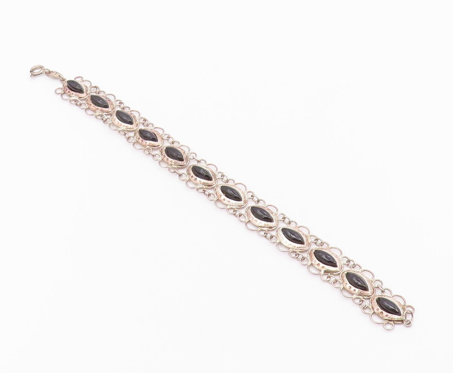 925 Silver  Vintage Open Circle Edge Marquise Black Onyx Chain Bracelet BT9559