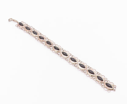 925 Silver  Vintage Open Circle Edge Marquise Black Onyx Chain Bracelet BT9559