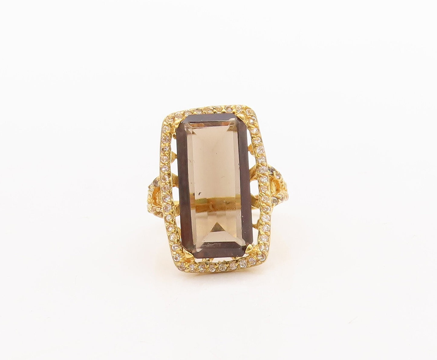 925 Sterling Silver Vintage Ring Gold Plated Smoky Quartz & Topaz Sz 7.5 RG29731