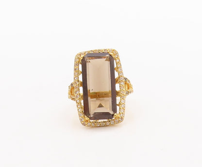 925 Sterling Silver Vintage Ring Gold Plated Smoky Quartz & Topaz Sz 7.5 RG29731