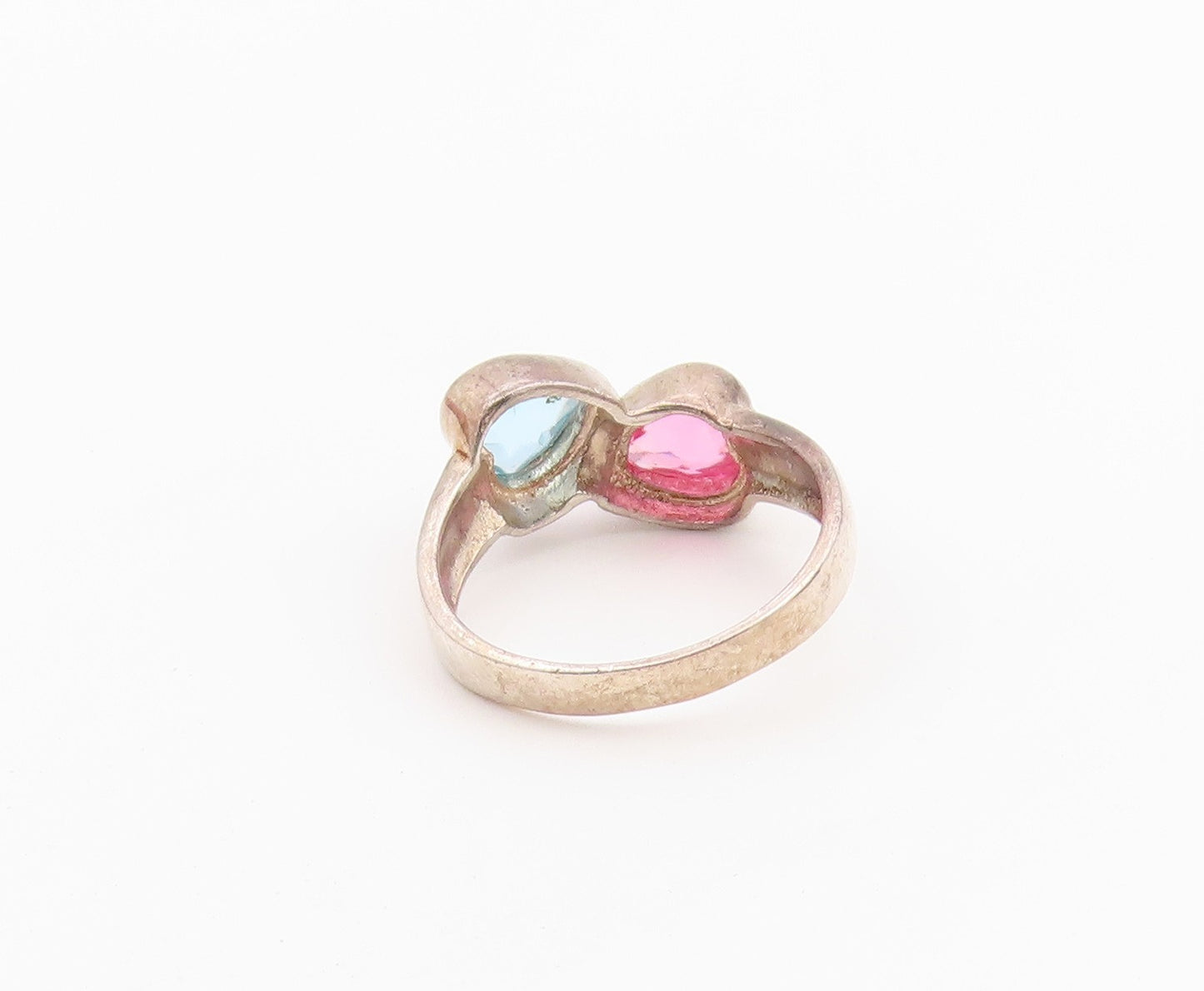 925 Sterling Silver Vintage Ring Pink & Blue Topaz Love Hearts  Sz 5.5  RG36476