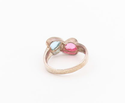 925 Sterling Silver Vintage Ring Pink & Blue Topaz Love Hearts  Sz 5.5  RG36476