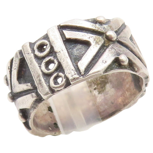 925 Sterling Silver Vintage Ring Brutalist Geometric Pattern Band  Sz 7  RG36840