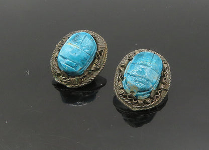 MIDDLE EAST 925 Silver  Vintage Turquoise Scarab Non Pierce Earrings  EG10791