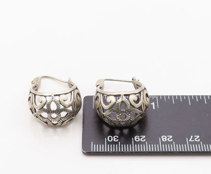 925 Sterling Silver Vintage Earrings Classic Floral Scrollwork Hoops  EG14397