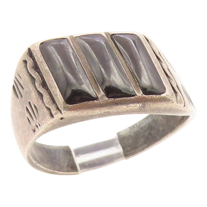 925 Sterling Silver Vintage Ring NAVAJO ZUNI Onyx Etched Band  Sz 9  RG35982