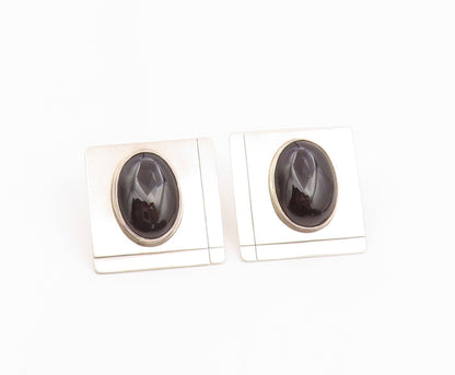 925 Sterling Silver Vintage Cabochon Black Onyx Square Stud Earrings  EG12372