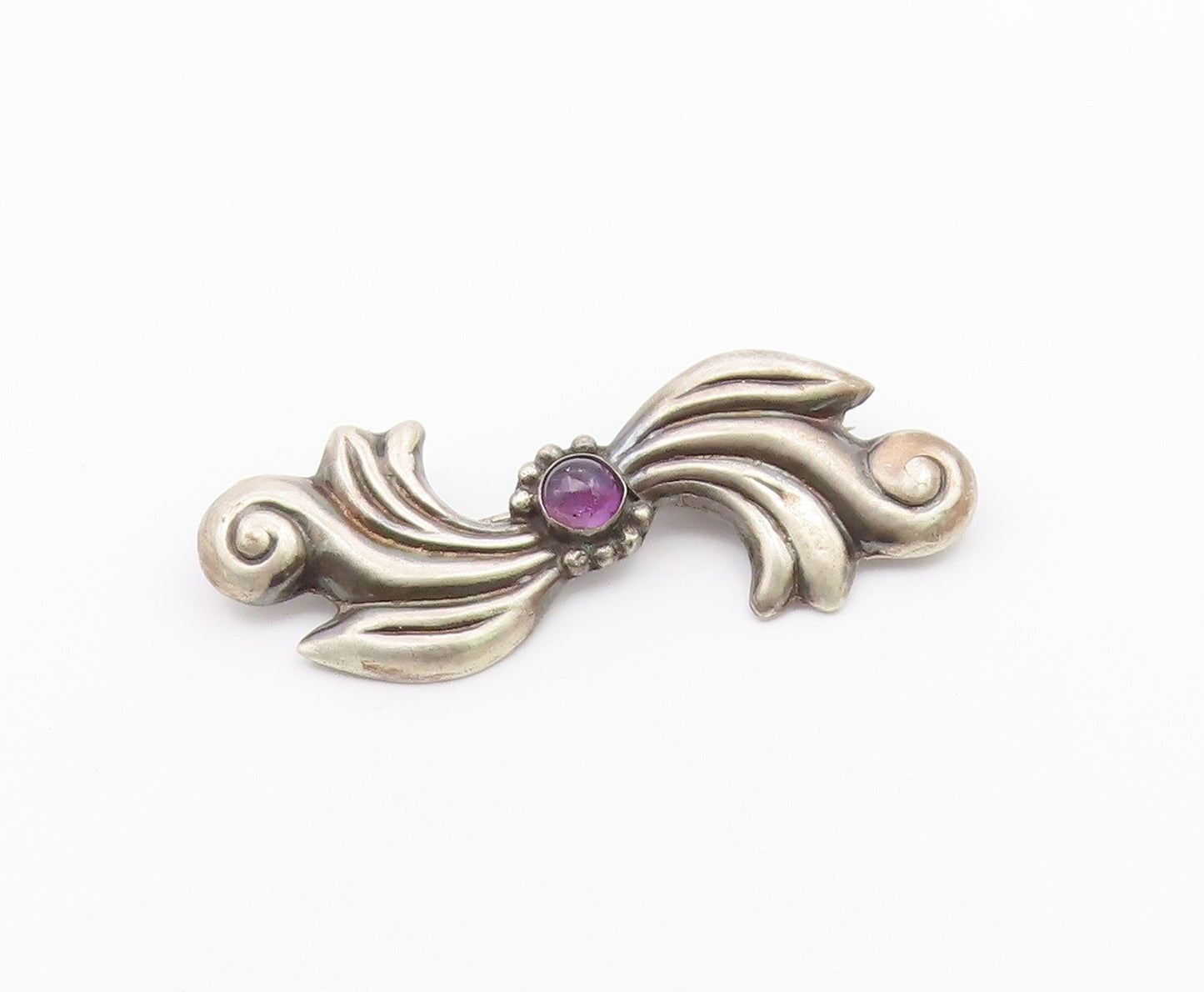 925 Sterling Silver  Vintage Cabochon Amethyst Swirl Bow Brooch Pin  BP8127