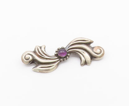 925 Sterling Silver  Vintage Cabochon Amethyst Swirl Bow Brooch Pin  BP8127