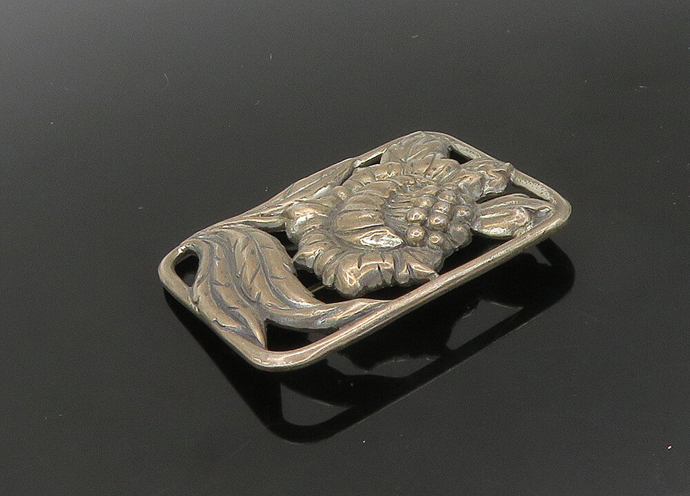925 Sterling Silver  Vintage Dark Tone Flower Motif Square Brooch Pin  BP8292