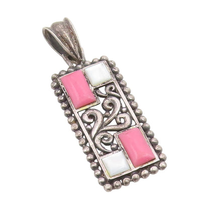 925 Sterling Silver Vintage Pendant Mother Of Pearl & Opal Scrollwork  PT25870