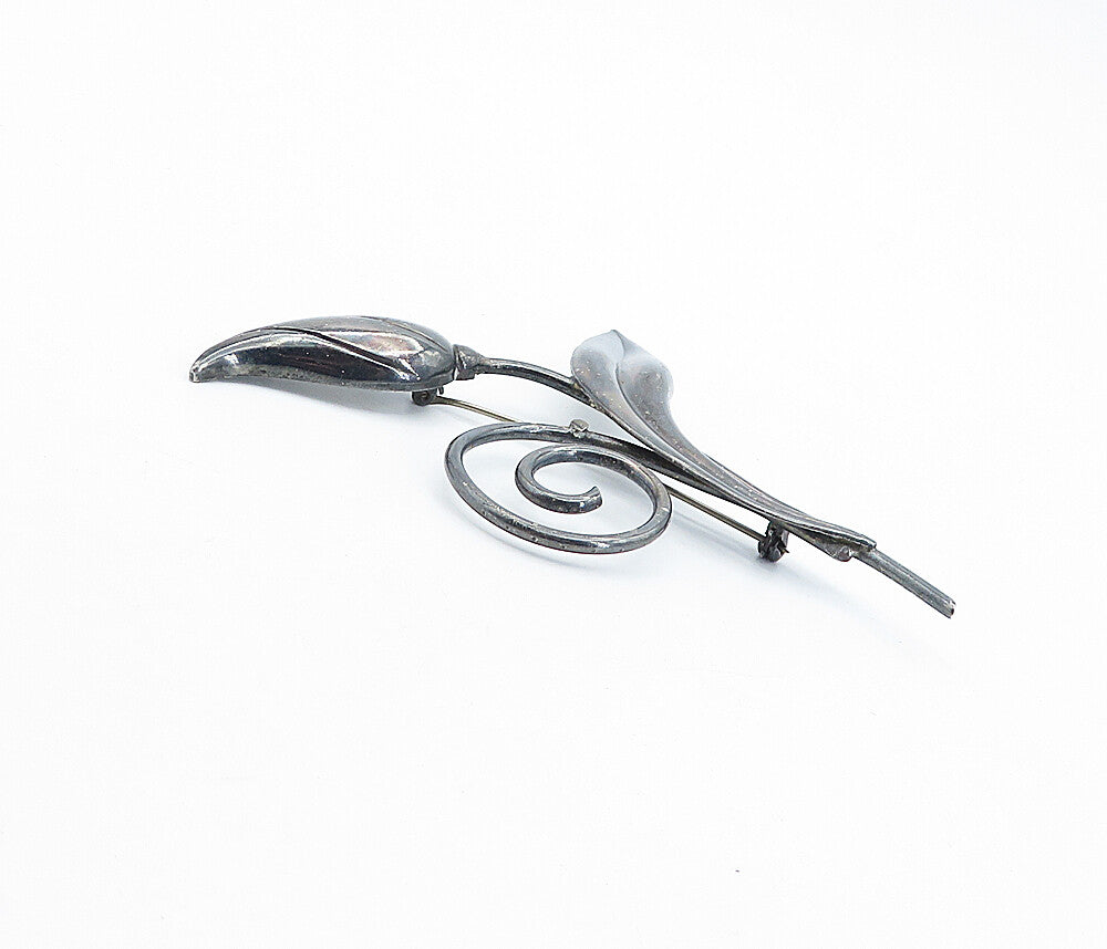 GK CO. 925 Silver  Vintage Oxidized Spiral Blooming Flower Brooch Pin  BP1705