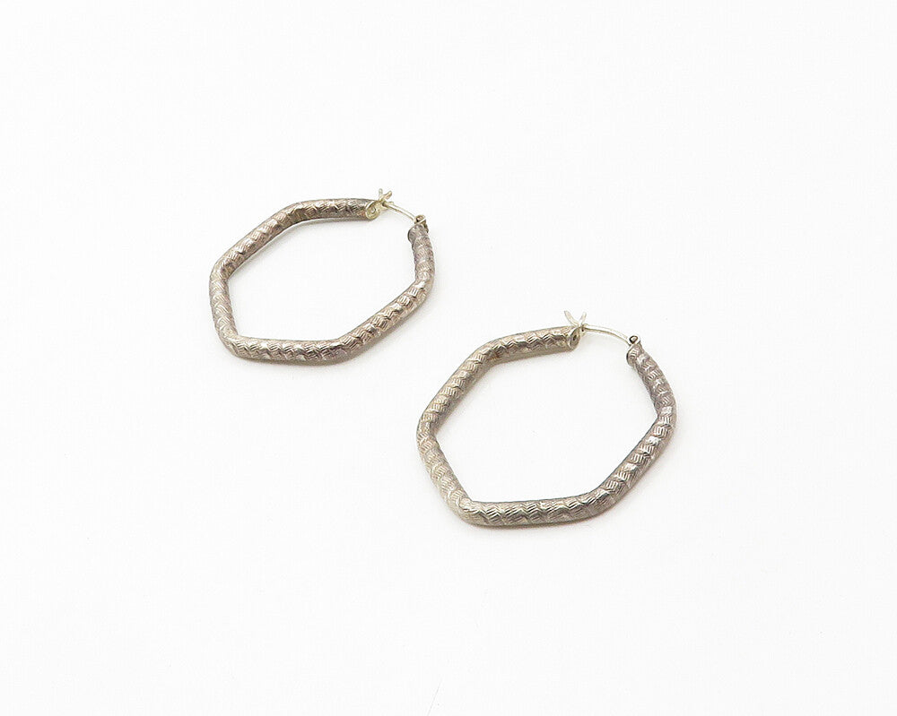 925 Sterling Silver  Vintage Dark Tone Etched Hexagon Hoop Earrings  EG8830